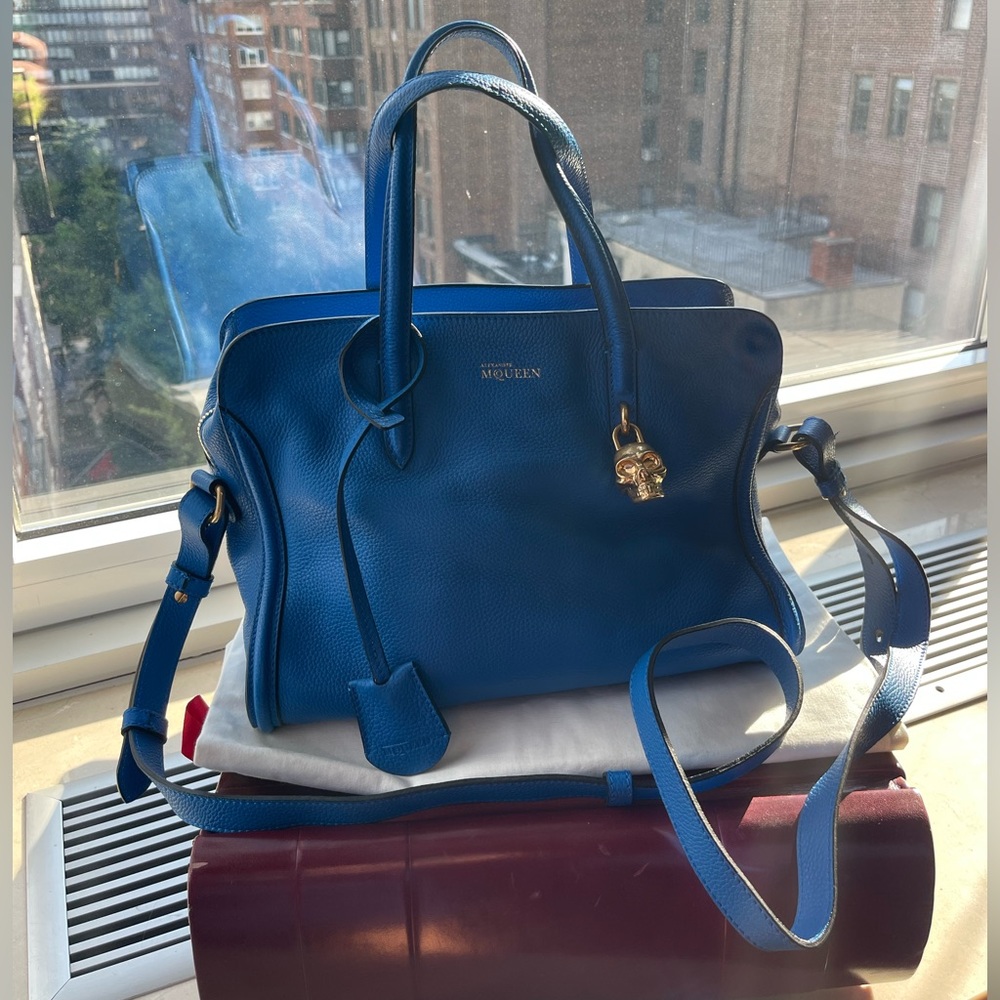 Authentic Alexander McQueen large pebbled leather satchel - royal blue